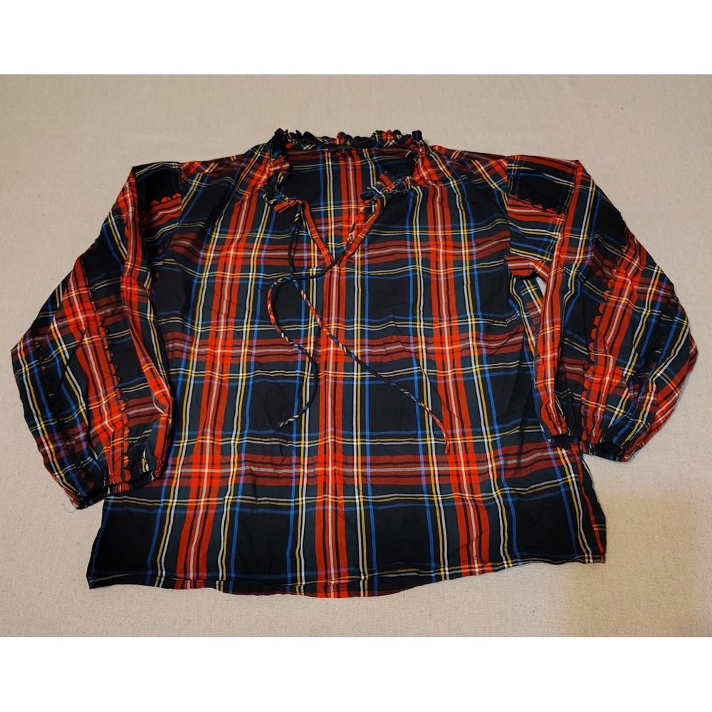 J Crew Plaid Tie Neck Ruffled Blouse Long Sleeve Womens Size S Red Black Blue 8